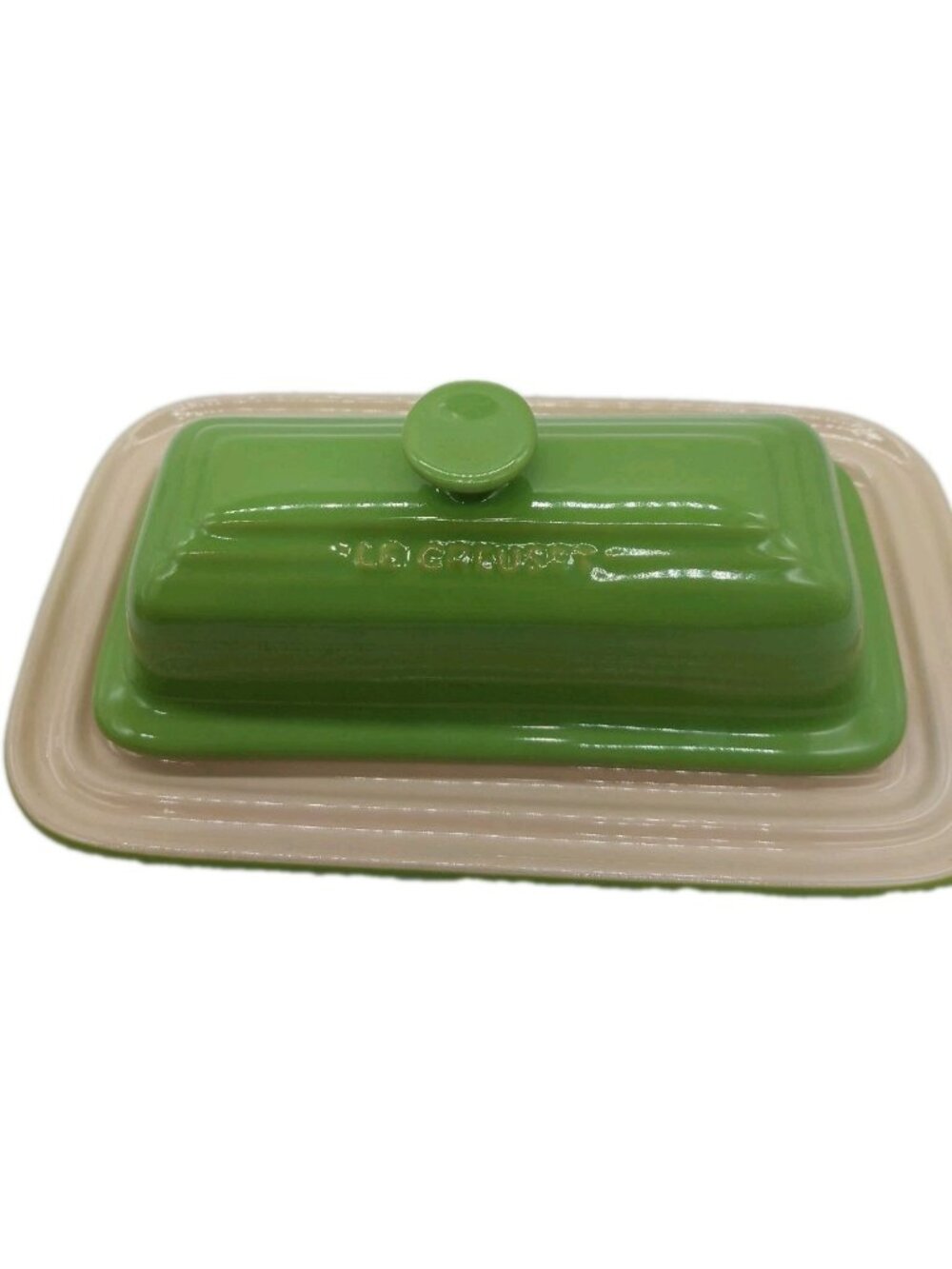 Le Creuset Butter Dish Stoneware Glazed Green Tan